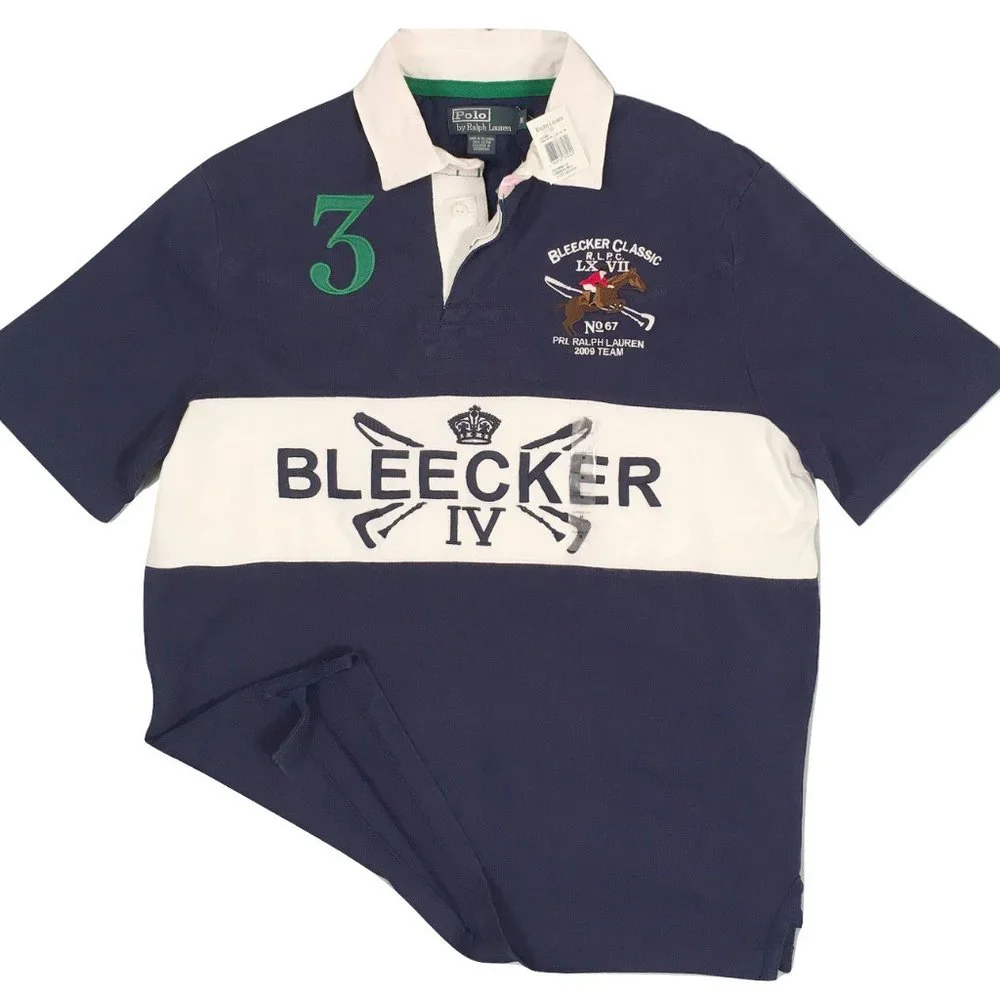 NEW Vintage 2009 Polo Ralph Lauren Bleecker Rugby Shirt! L Navy White Embroidery